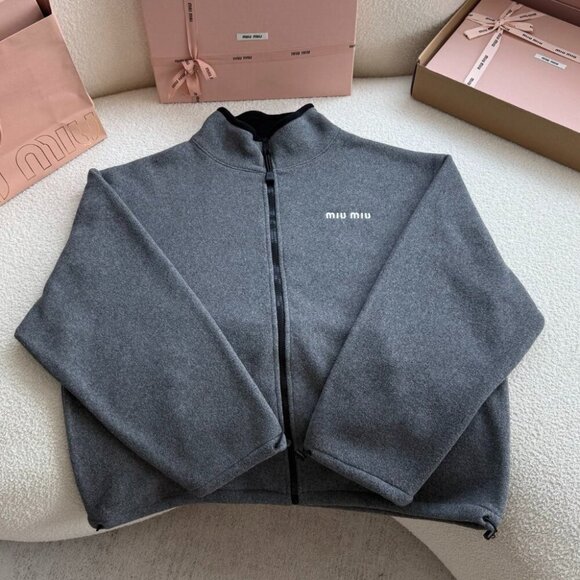 MIU MIU Jackets & Blazers - MIU MIU SS24 Women's Logo Embroidered Stand Collar Zipper Jacket